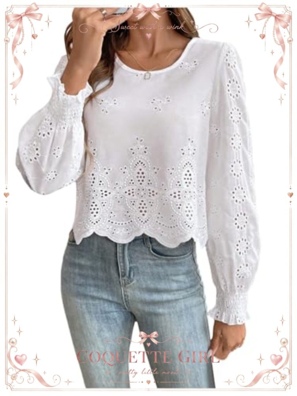 Eyelet Embroidered Cropped Blouse Smocked Cuff Long Sleeve Dressy Top